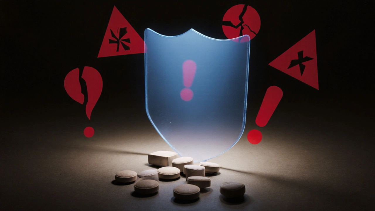 Authentic tamoxifen tablets protected by a blue shield amid red warning symbols.