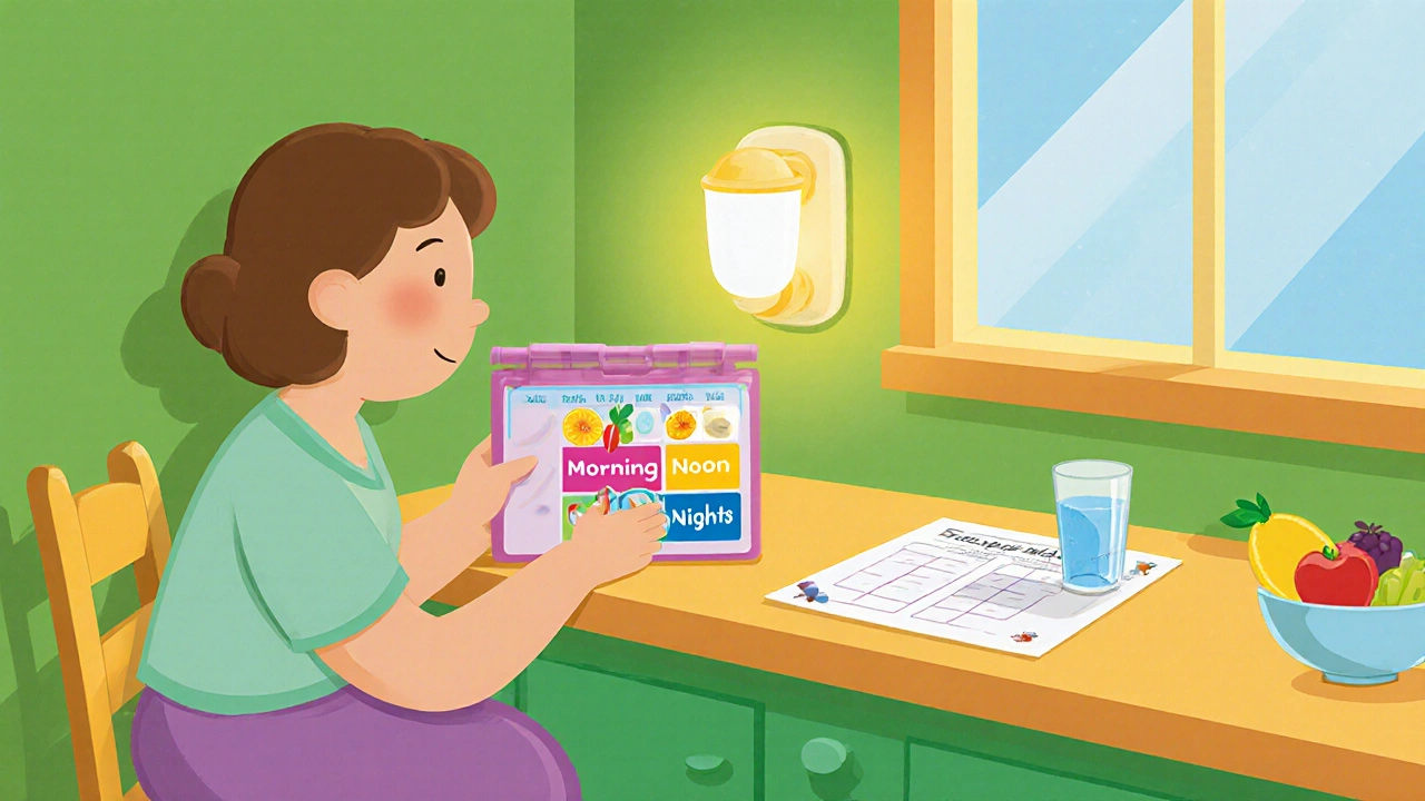 Caregiver shows a pill organizer in a bright kitchen with healthy foods and safety aids.