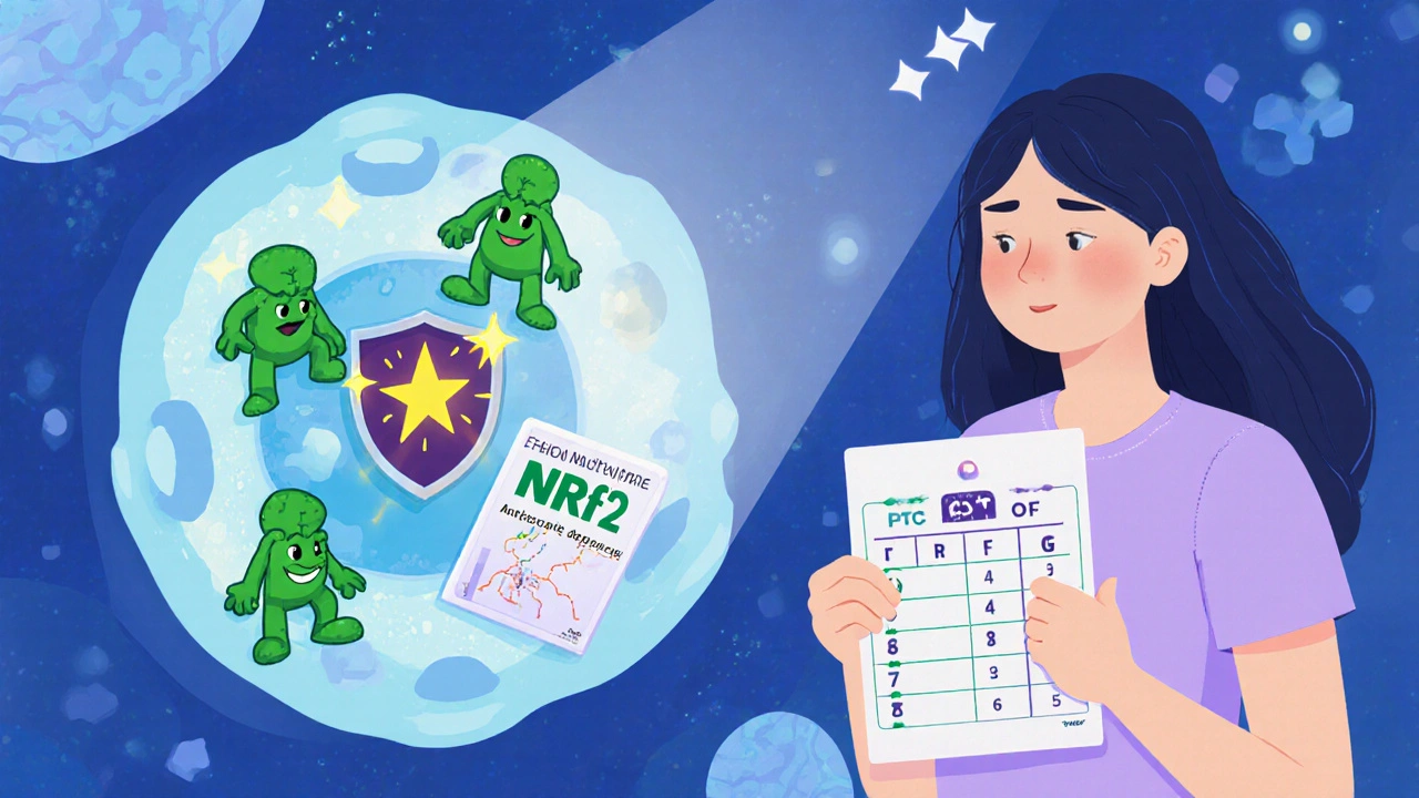 Cartoon cell showing Nrf2 pathway activation relieving pain for a fibromyalgia patient.
