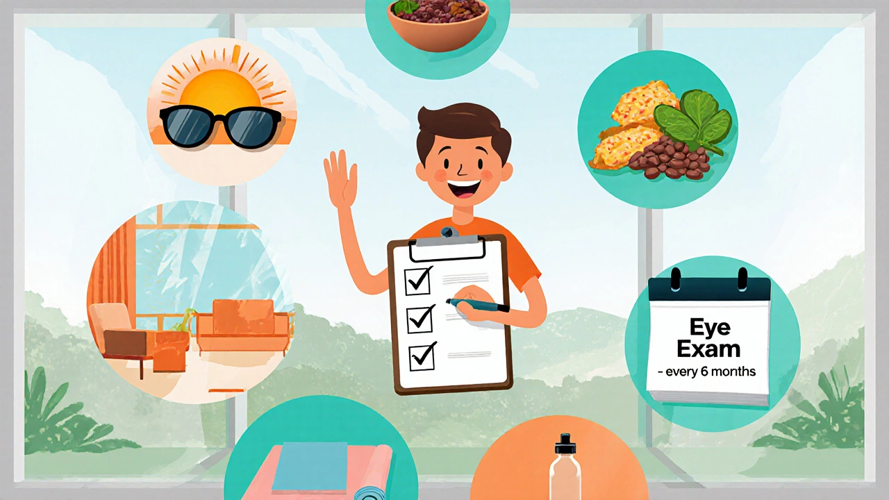 Cartoon checklist showing sunglasses, healthy foods, water, yoga, and eye exam reminders for vision protection.
