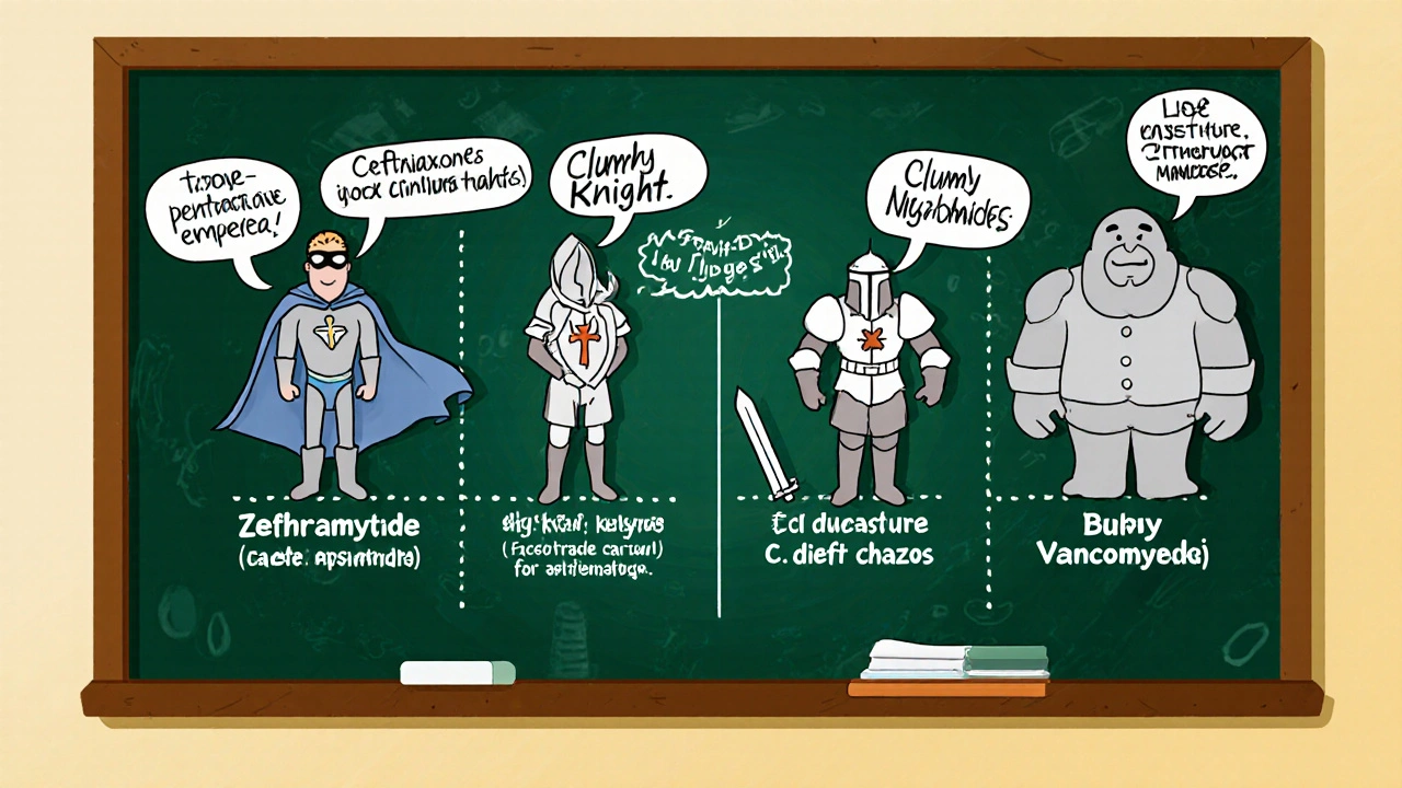 Cartoon comparison of antibiotics as characters with unique powers and flaws.