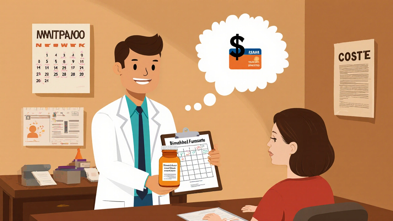 Cartoon doctor giving a DMF prescription while reviewing blood work and insurance forms.