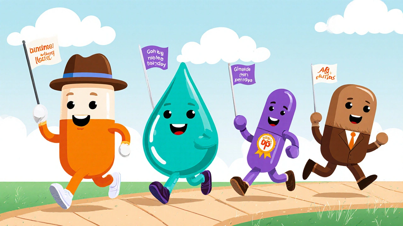 Cartoon drug characters racing, each holding a flag showing its action.