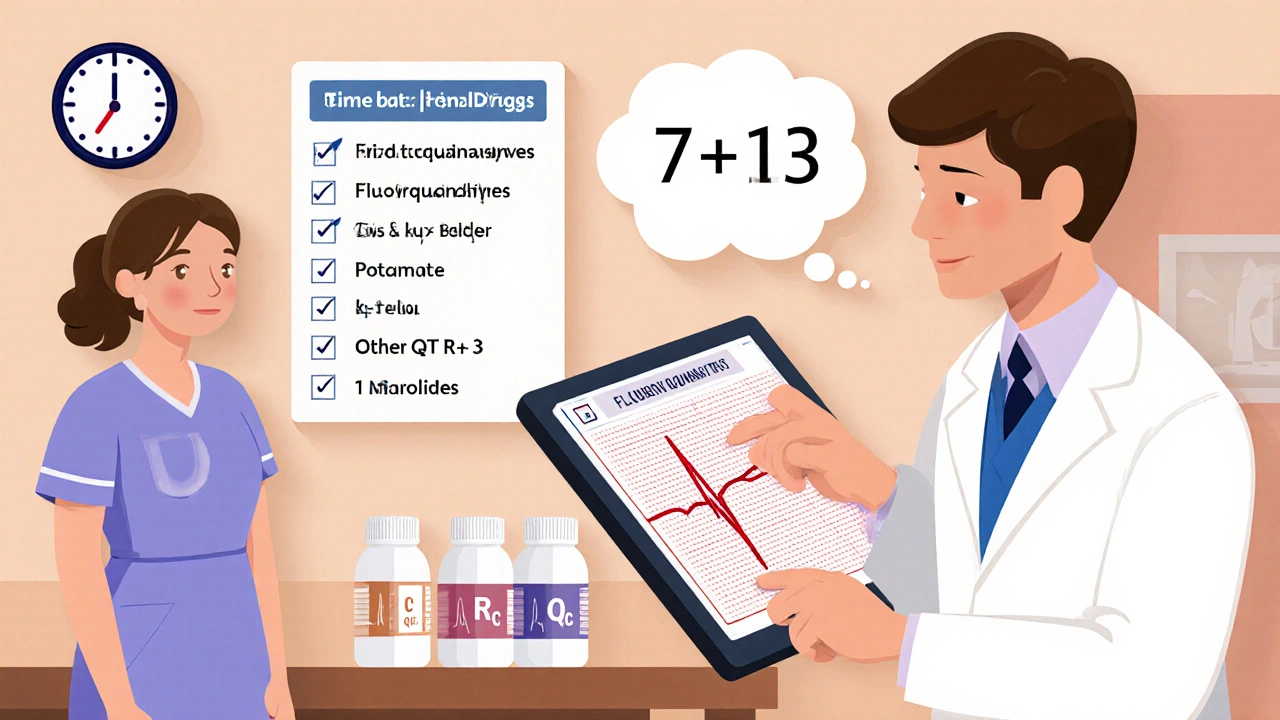 Cartoon hospital scene showing doctor reviewing ECG, nurse preparing electrolytes, and a risk‑factor checklist.