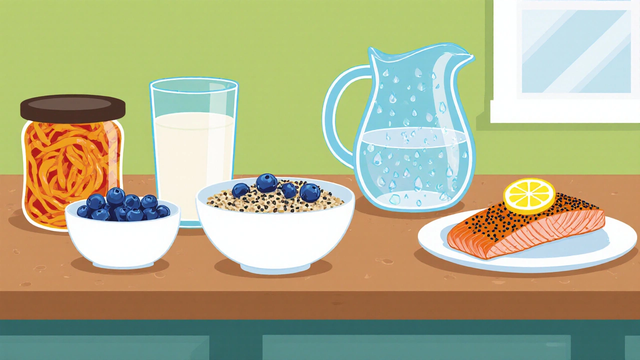 Cartoon kitchen counter featuring oatmeal, kefir, kimchi, salmon, and water pitcher.