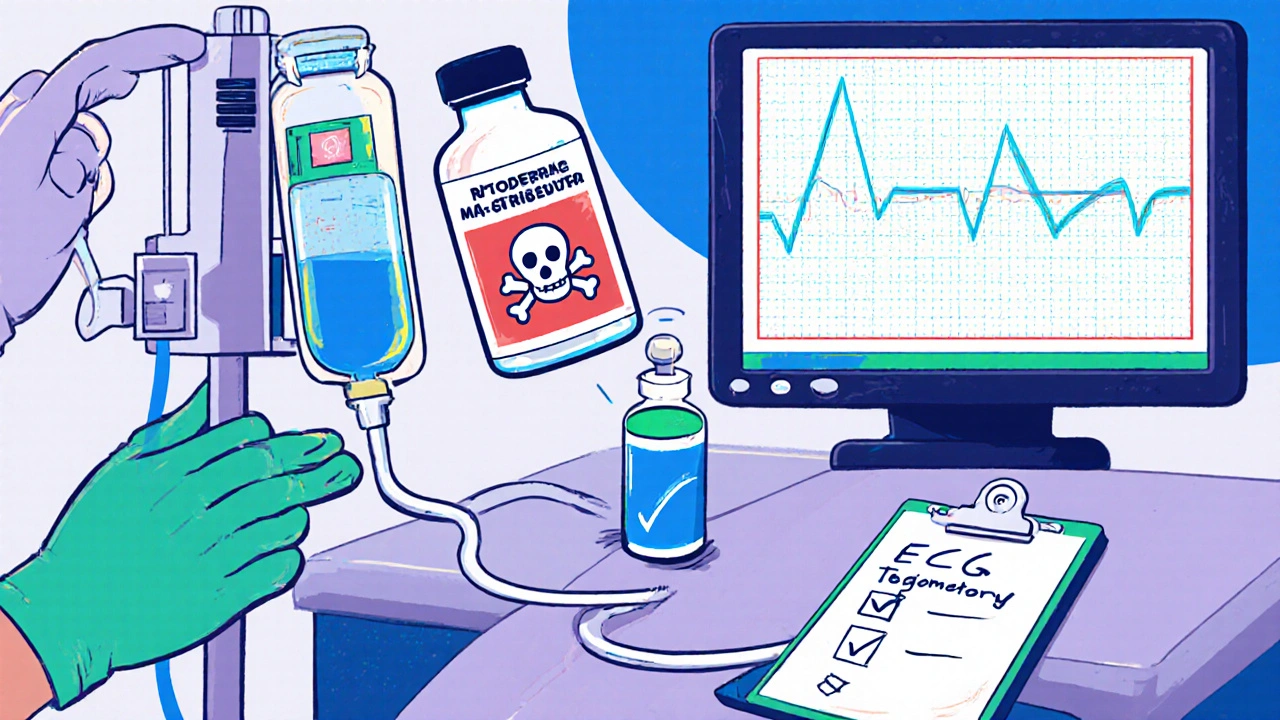 Cartoon of clinician stopping a drug, IV electrolytes being given, and ECG monitor showing recovery.