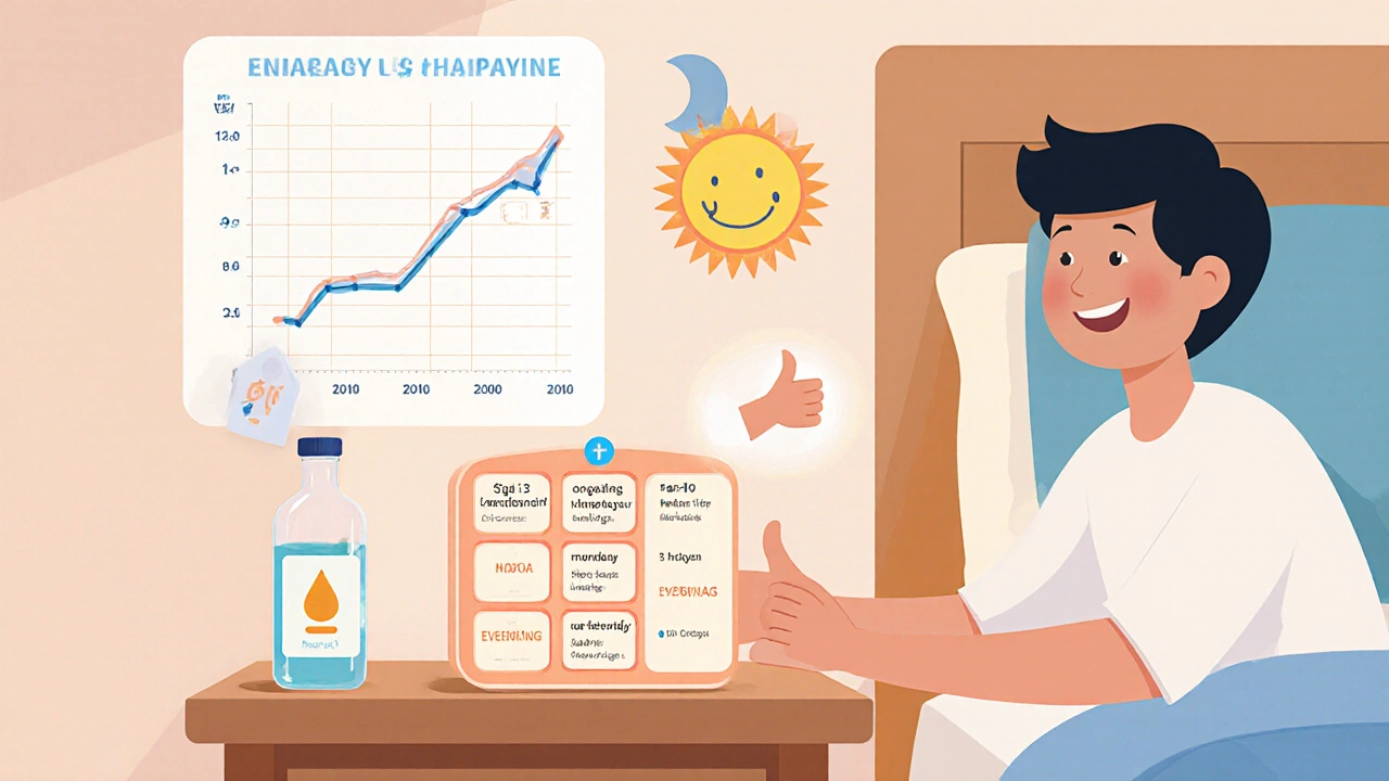 Cartoon of pill organizer, liquid medication bottle, and TSH chart with reminders.