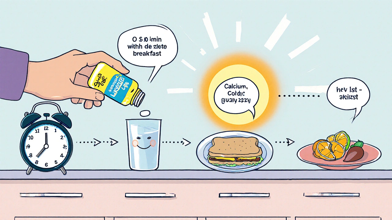 Cartoon timeline of morning levothyroxine followed by later calcium and iron meals.