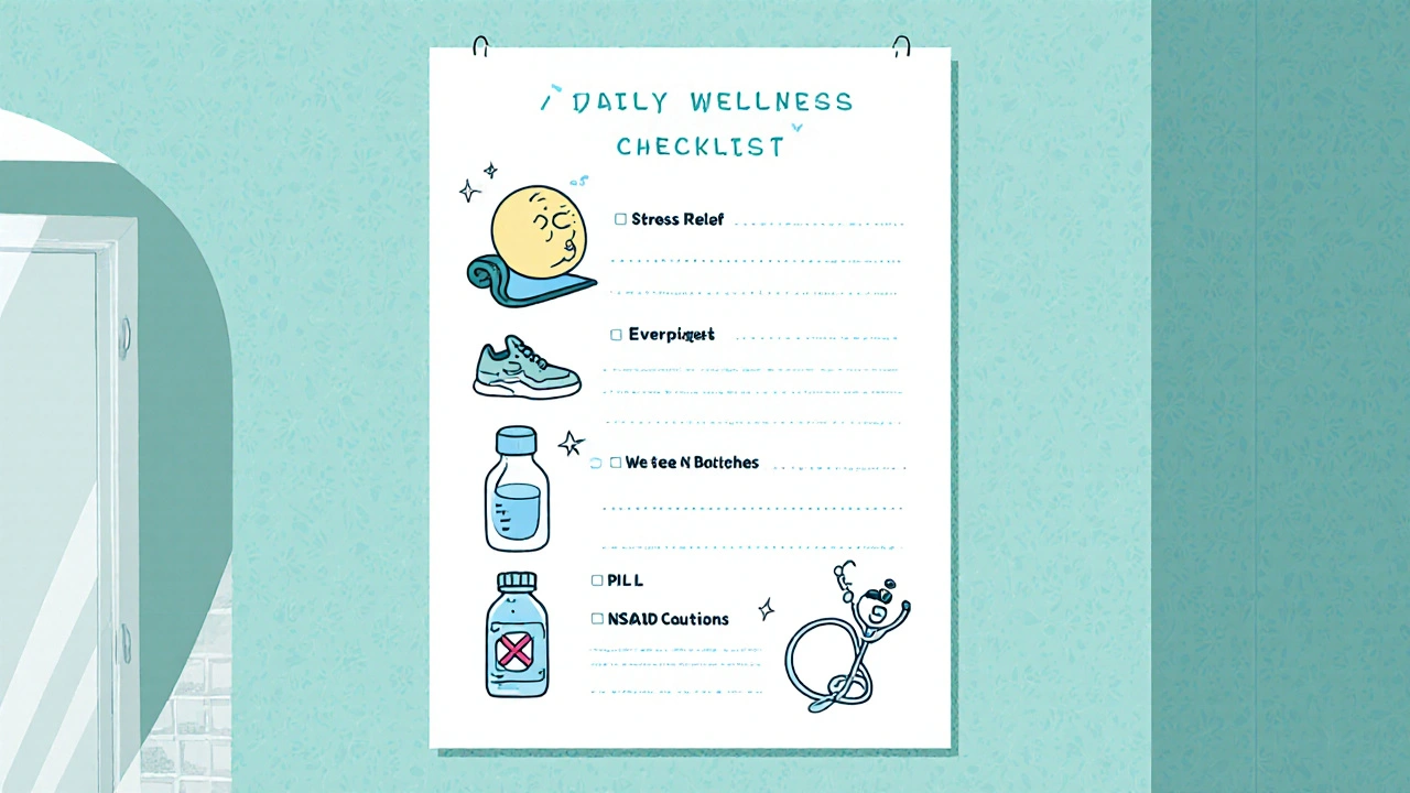 Cheerful wall checklist with icons for yoga, exercise, sleep, hydration, NSAID caution, and colonoscopy.