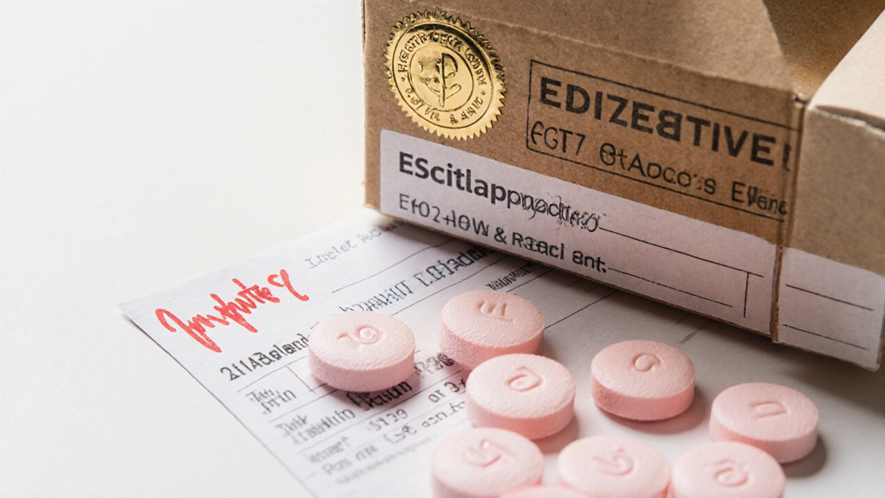 Close-up of pink escitalopram tablets with verification seal and blurred prescription.