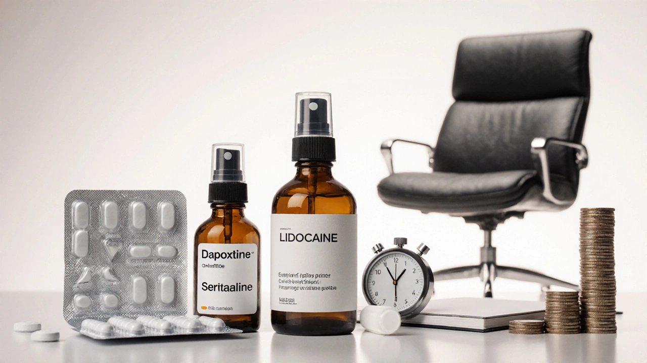 Collage of dapoxetine pills, sertraline bottle, lidocaine spray, therapy chair, stopwatch and coins.
