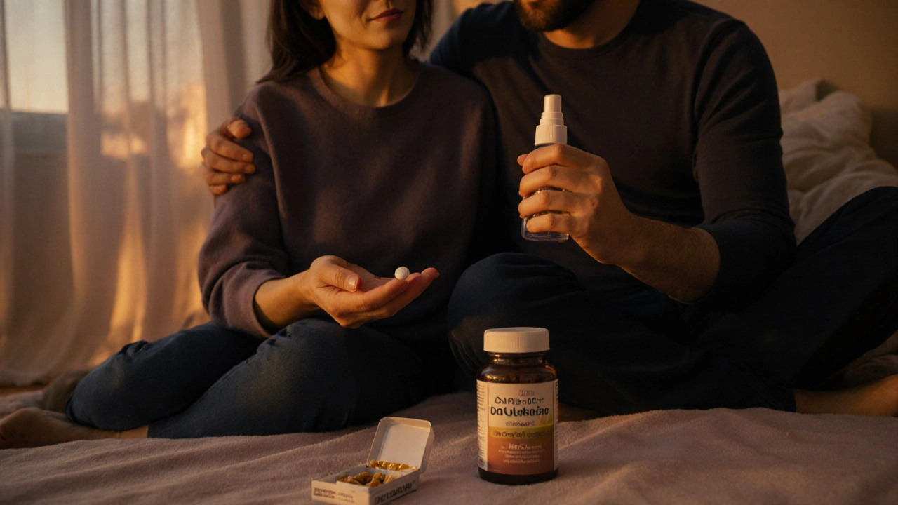 Couple in dim bedroom holding dapoxetine pill, lidocaine spray, and ginseng capsules.