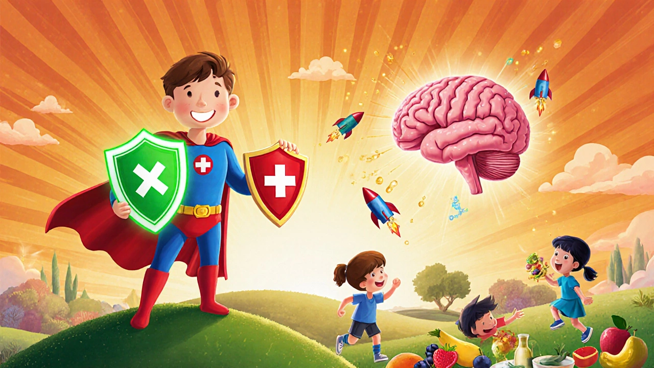 Doctor superhero with antioxidant shield, steroid cape, and statin armor helping healthy organs.