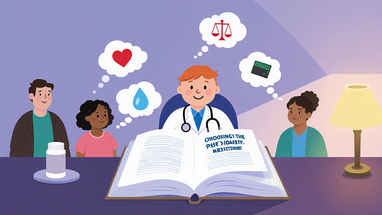 Doctor with thought‑bubble icons for heart, weight, kidney, and cost guiding a family.
