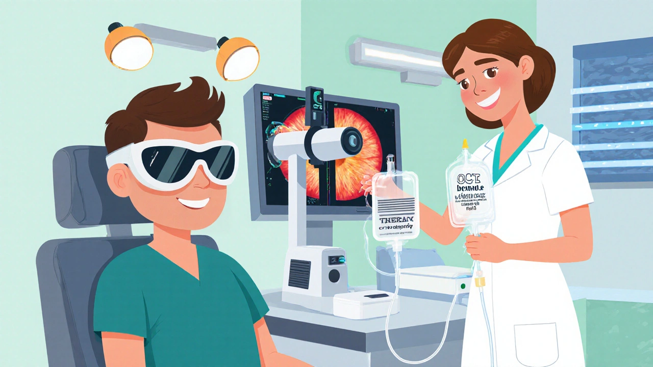 Eye doctor using fundus camera and OCT on a patient wearing UV sunglasses, nurse administering IV heme.