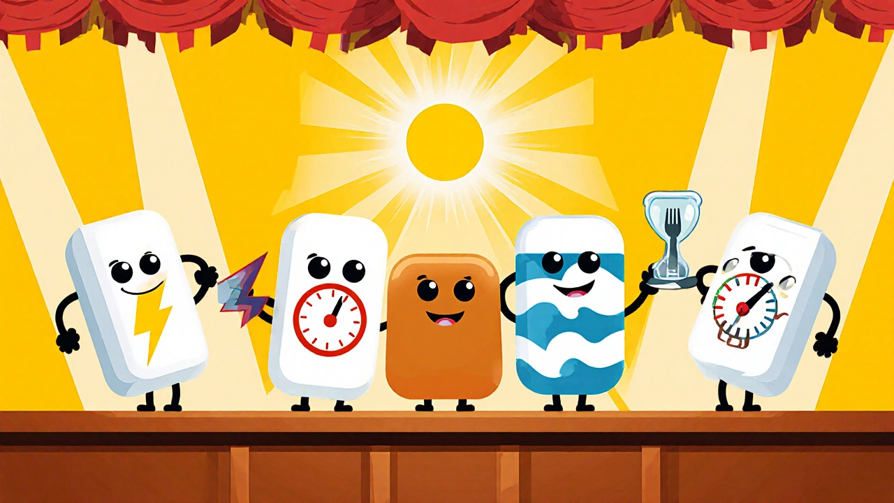 Four pill characters with visual symbols for onset, duration, and food impact.