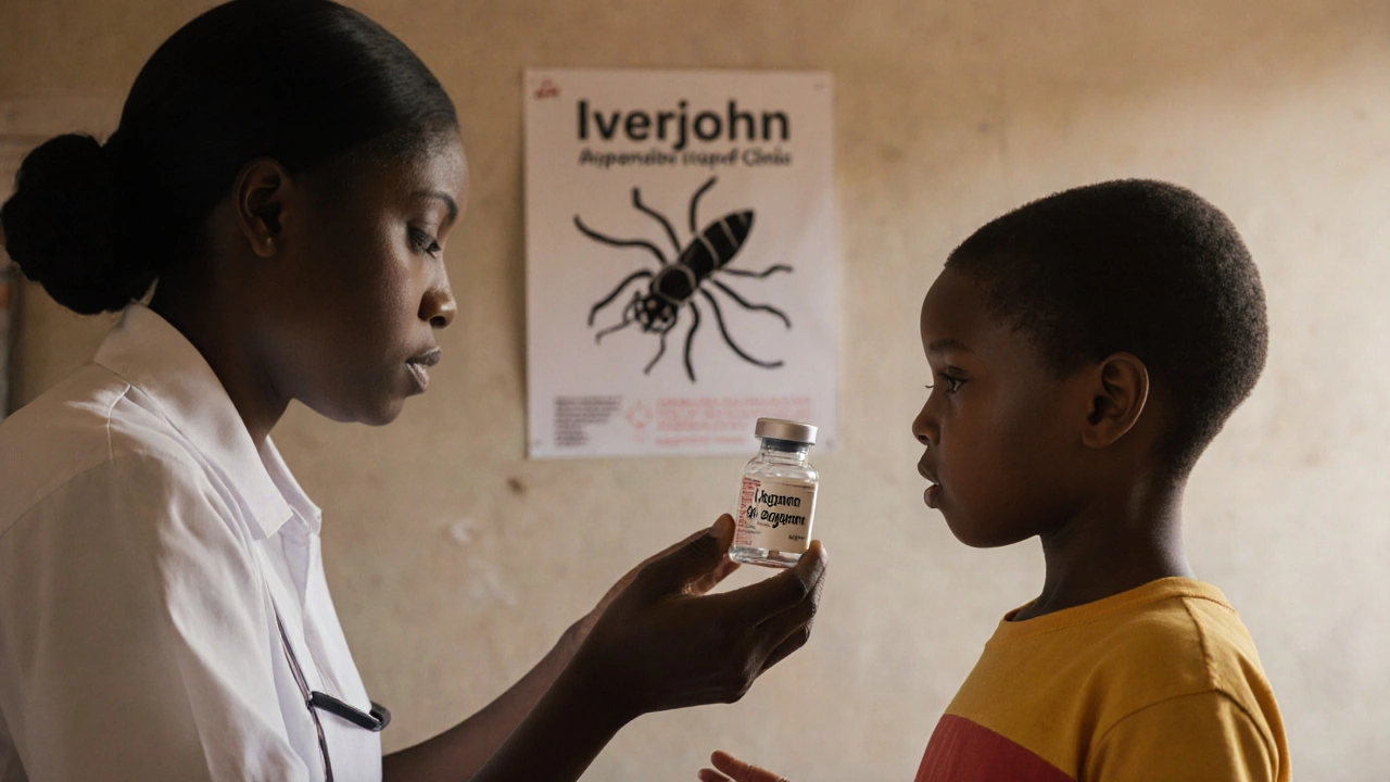 Health worker giving Iverjohn bottle to a child in a simple clinic setting.