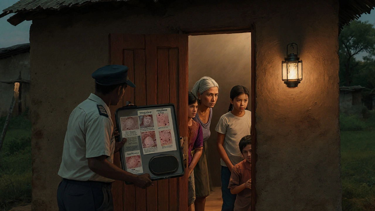 Health worker shares illustrated info with a rural family by lantern light.