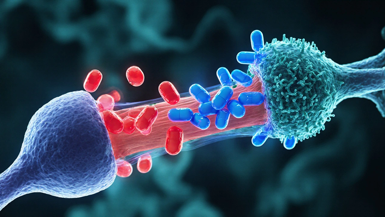 Illustration of a synapse with dapoxetine blocking serotonin reuptake.