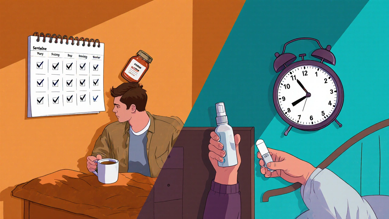 Illustration split between daily pill routine with calendar and on‑demand tablet with clock.