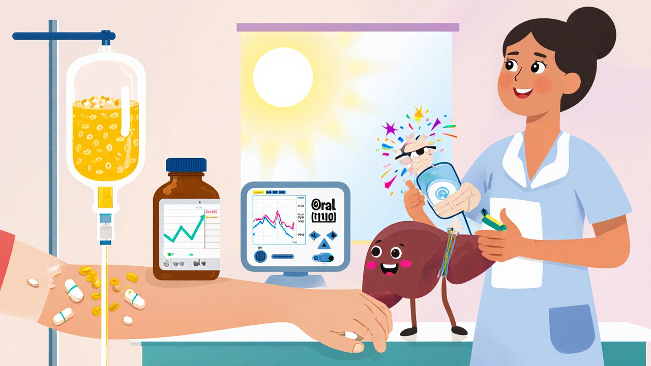 IV drip bag and oral tablets beside a nurse monitoring a liver and eye cartoon for side effects.