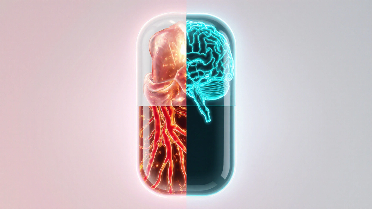 Malegra FXT capsule half shows dilated penile blood vessels, other half a brain with boosted serotonin.