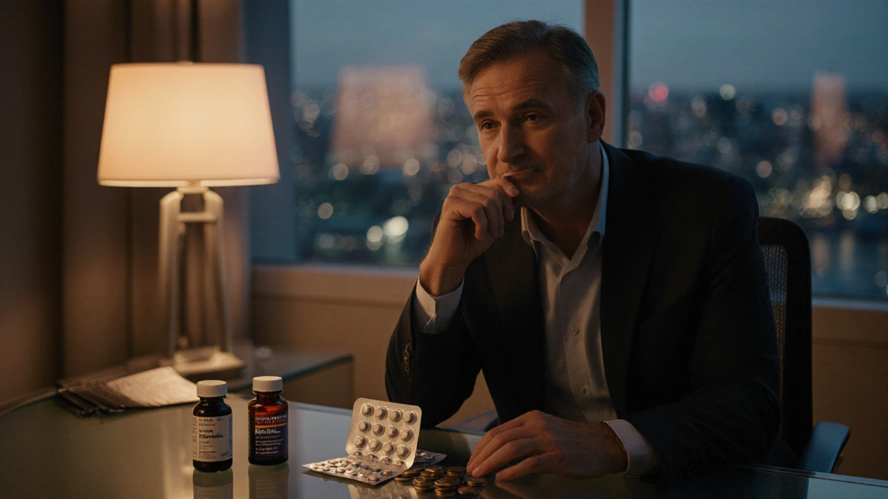 Man choosing between separate pills and a combo pack in a softly lit office.