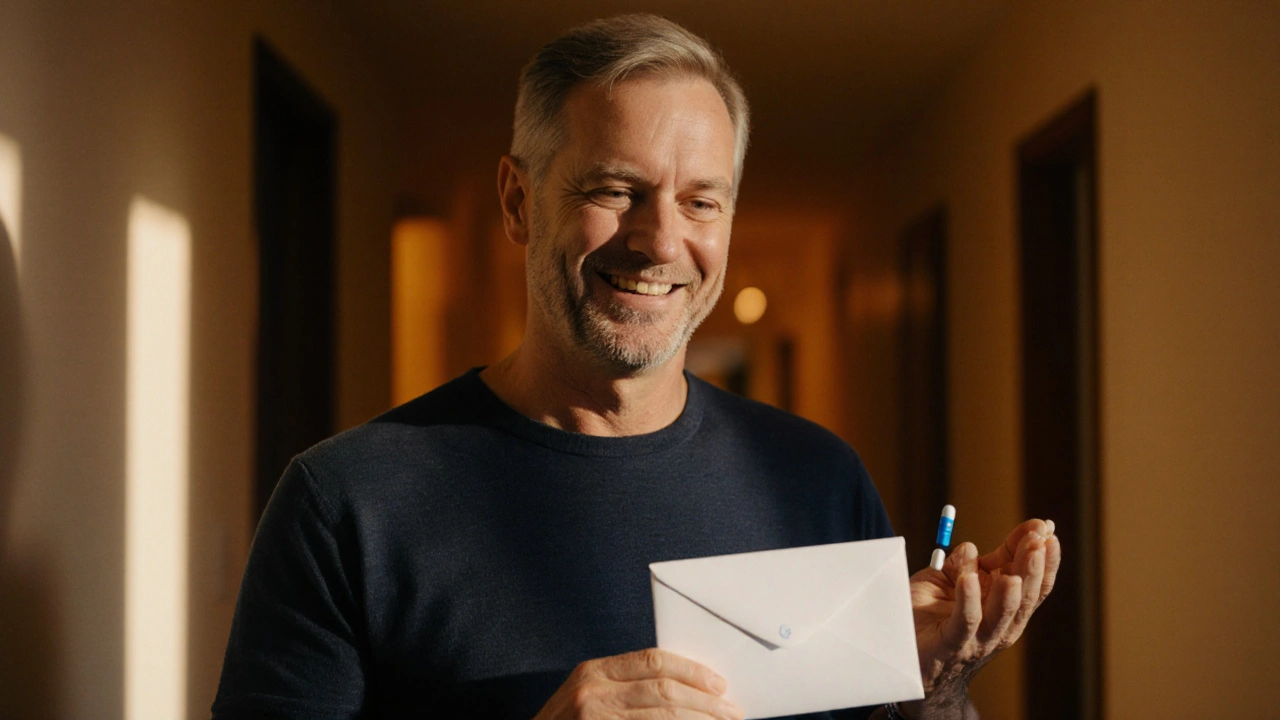 Man holding a discreet package and a Levitra tablet, smiling confidently.