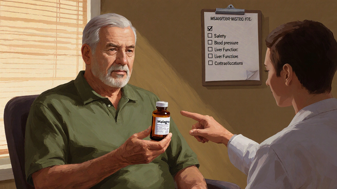 Man in his 60s discussing a single Malegra FXT bottle with a doctor, checklist of safety points nearby.
