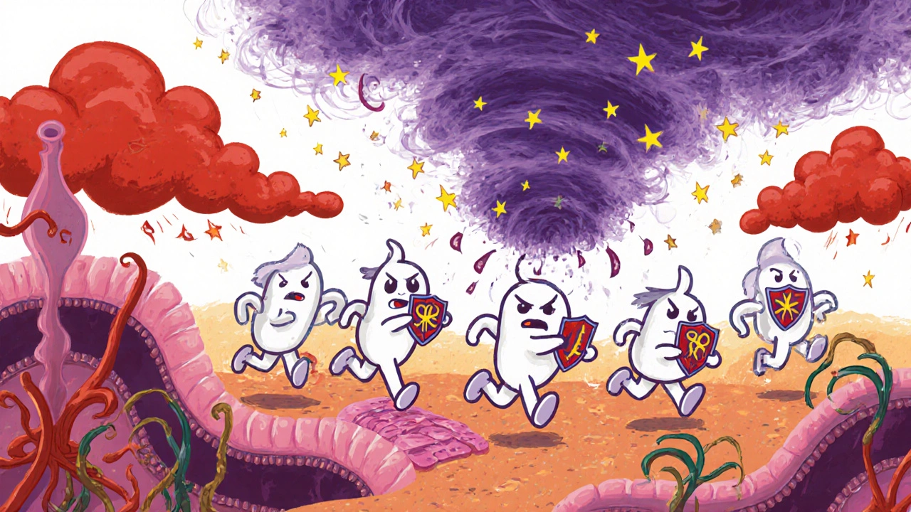 Neutrophil sprites attacking ROS clouds near sticky vessels with a cytokine storm overhead.