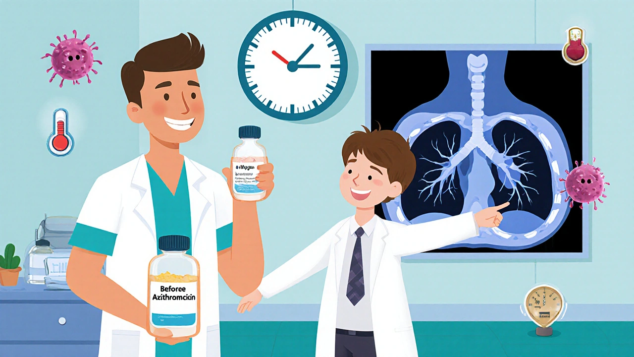 Patient holding azithromycin pill while doctor shows improved lung scan.