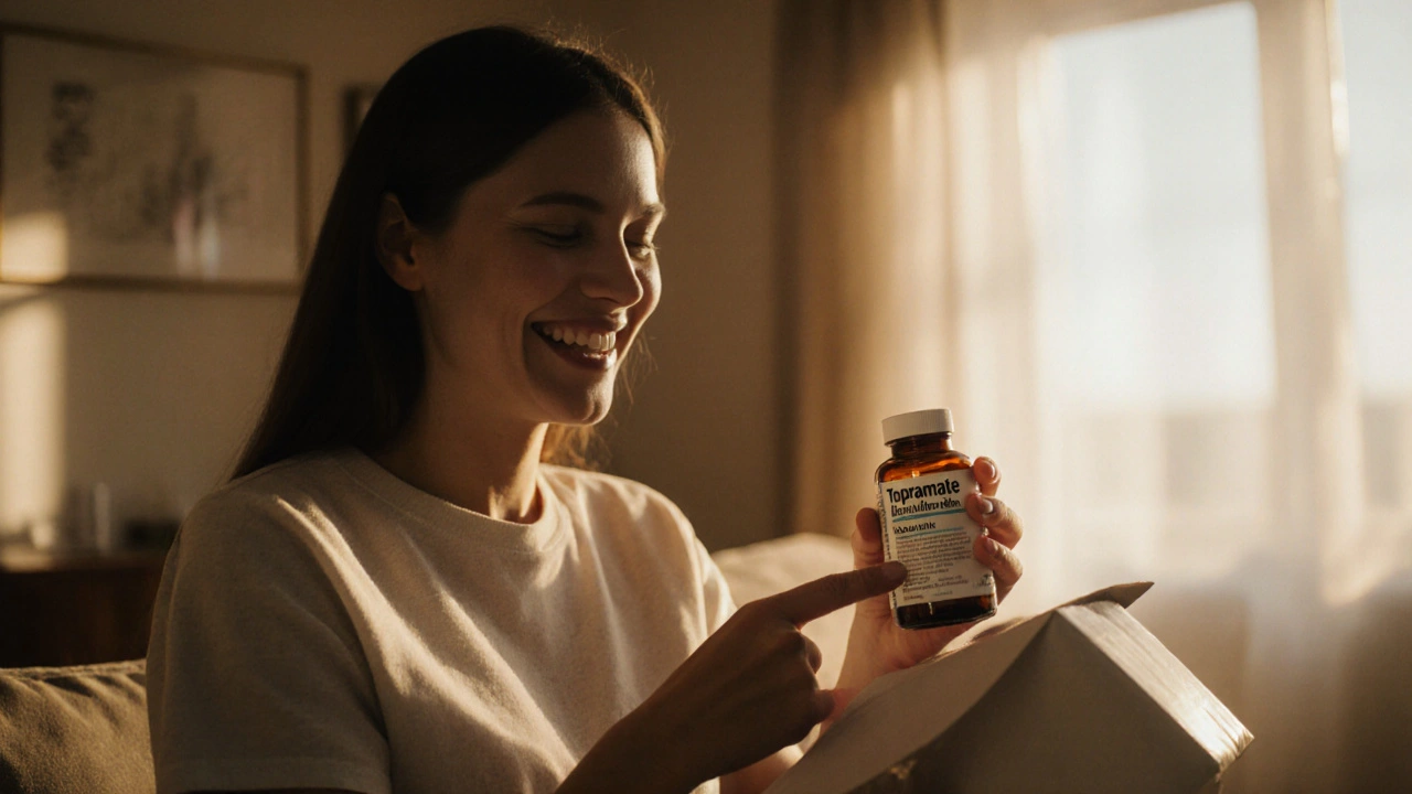 Patient opening a parcel, holding a genuine topiramate bottle with a smile.