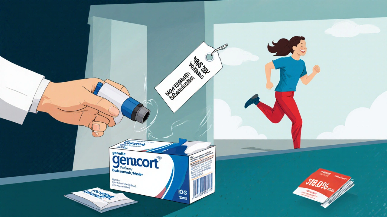 Patient receiving a low-cost generic inhaler at the pharmacy while brand-name box falls with price tag