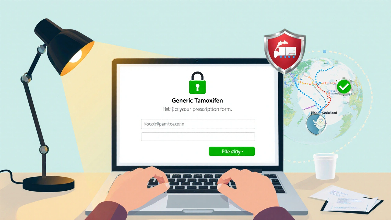 Person ordering generic tamoxifen online with secure icons and shipping map.