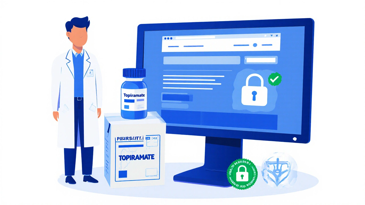 Pharmacist verifying a safe online pharmacy and shipping a topiramate bottle.