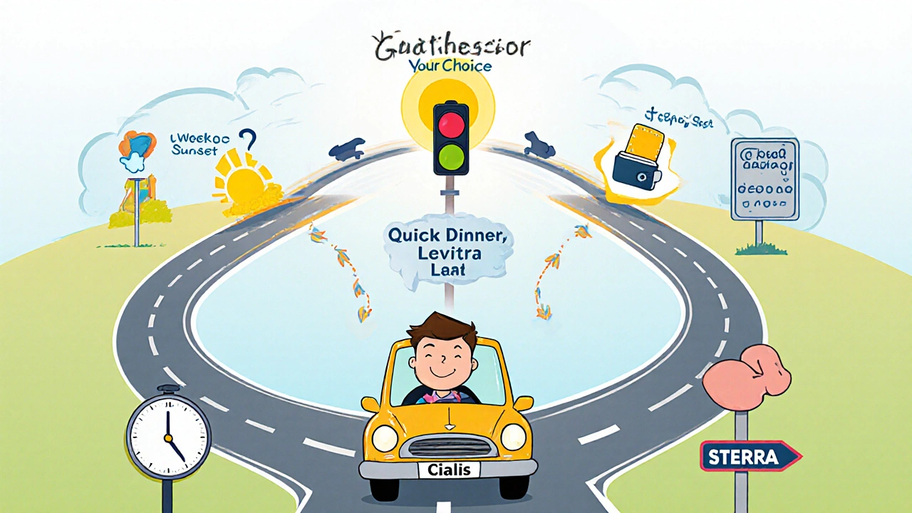 Road map showing different medication routes with icons for speed, cost, and side effects.