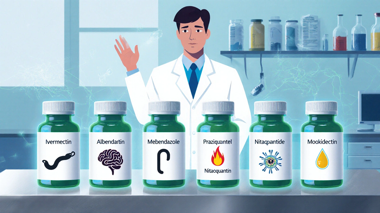 Six drug bottles on lab bench with visual icons for each antiparasitic, researcher pointing.