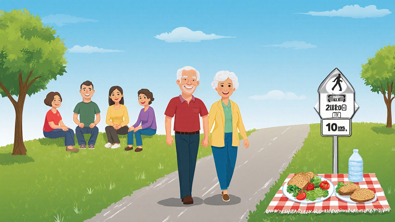 Support group in a park with a walking pair, healthy meals, and encouraging atmosphere.