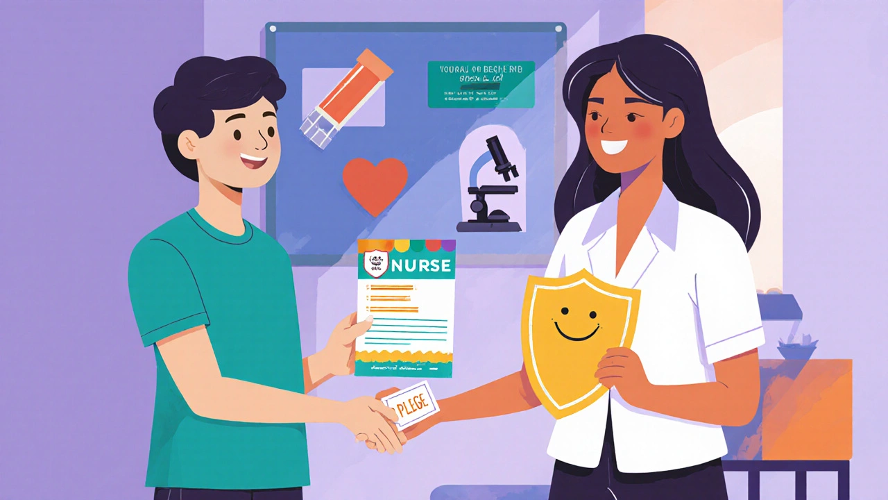 Teen receives a flyer and holds a pledge shield while a nurse smiles.