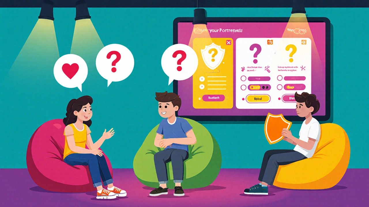 Teens in a circle discussing, with a role‑play using a cartoon condom prop and a quiz screen.