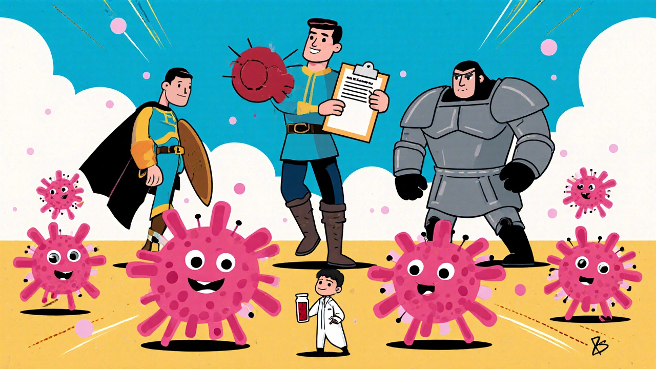 Three antifungal heroes battling Candida cells with a lab tech holding a blood sample.