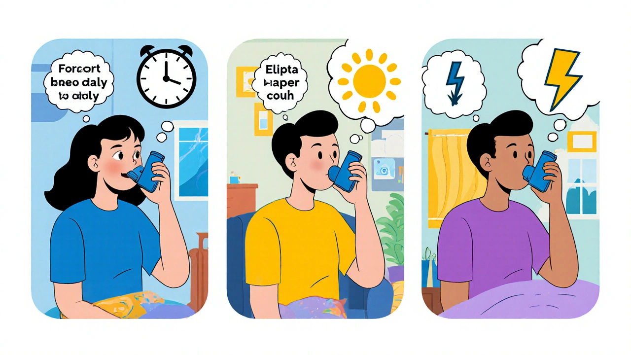 Three panels showing different inhaler usage patterns: twice daily, once daily, and rescue use