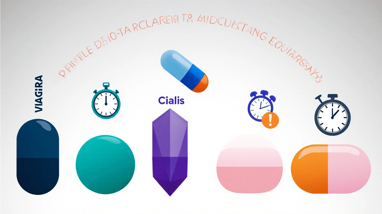 Vector illustration of five pills with icons for onset, duration, and side effects.