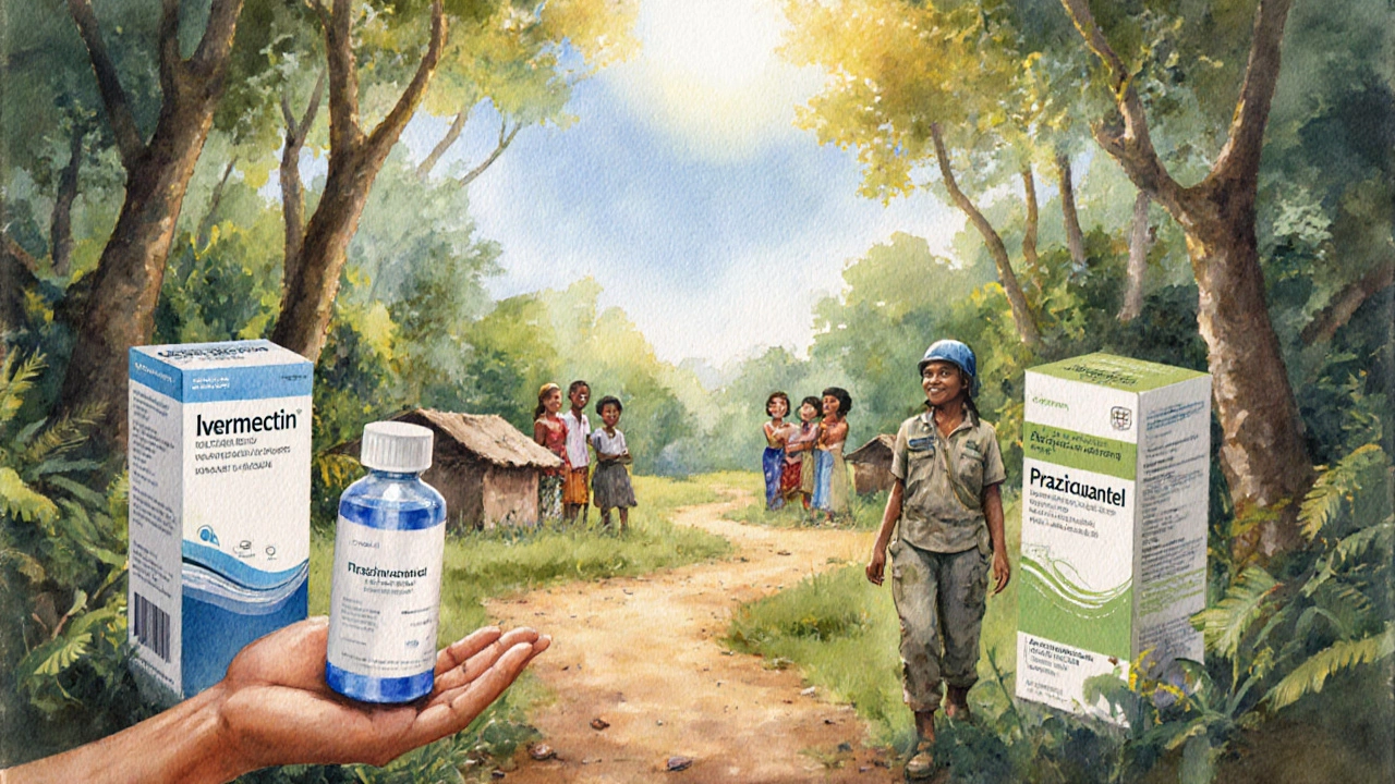 Watercolor forest clearing showing three medication containers on diverging paths, health worker offering Ivermectin.