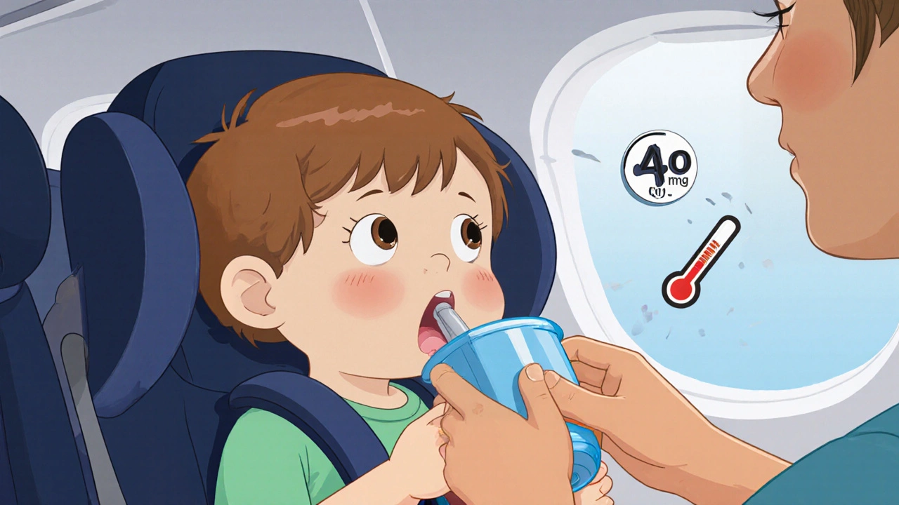 A child drinking from a sippy cup during plane descent, with a parent helping jaw movement to equalize ear pressure.