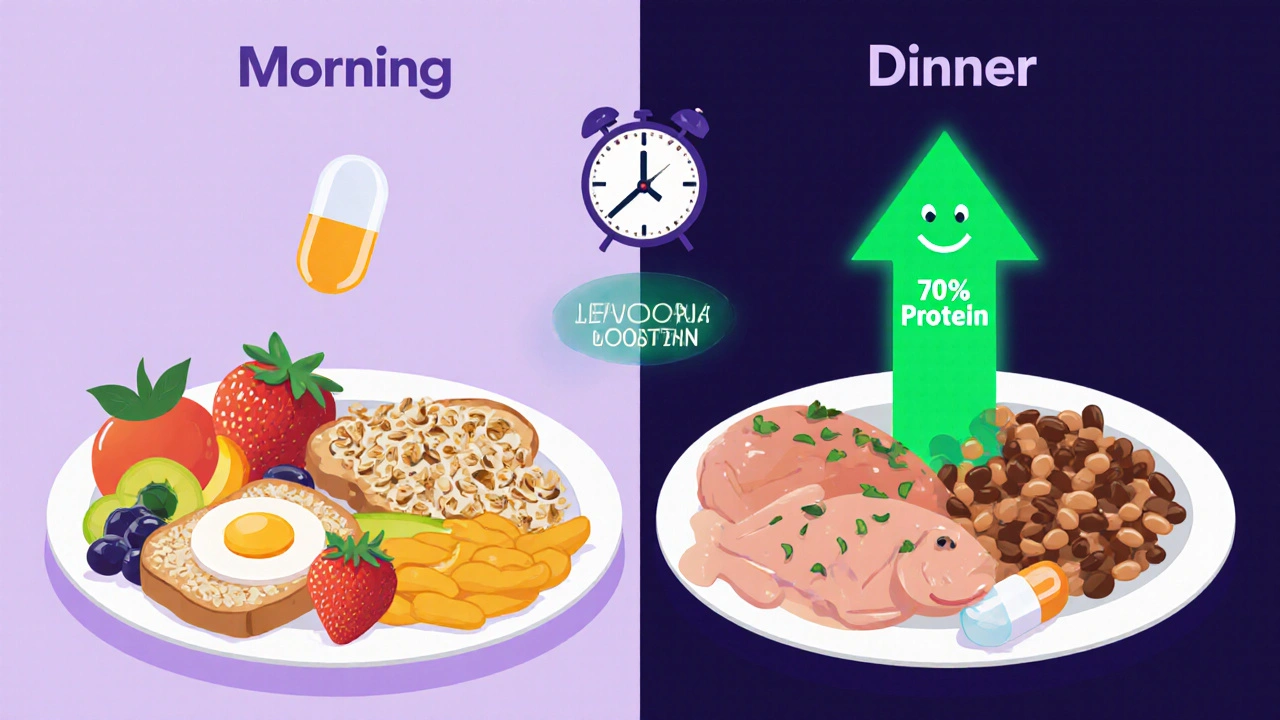 A daily meal plan showing low-protein breakfasts and high-protein dinner with a levodopa pill successfully reaching the brain.