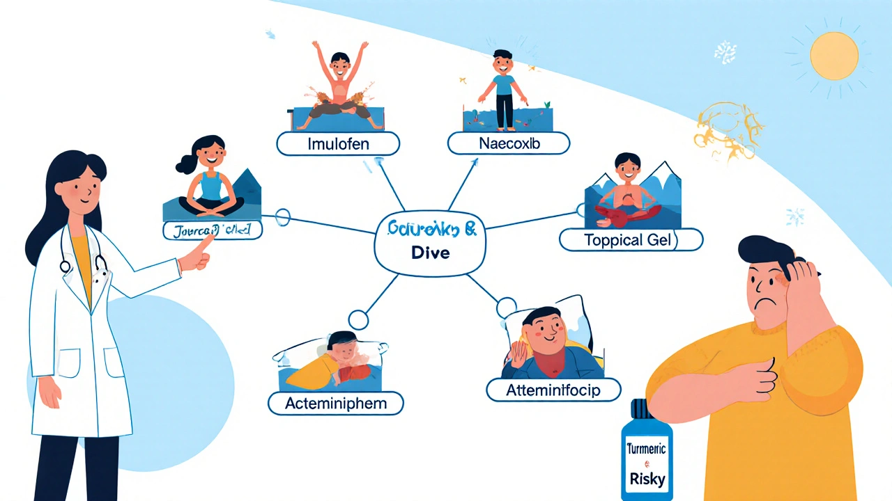 A doctor explaining a decision tree of pain relief options to happy patients, with a risky diclofenac figure frowning in the background.