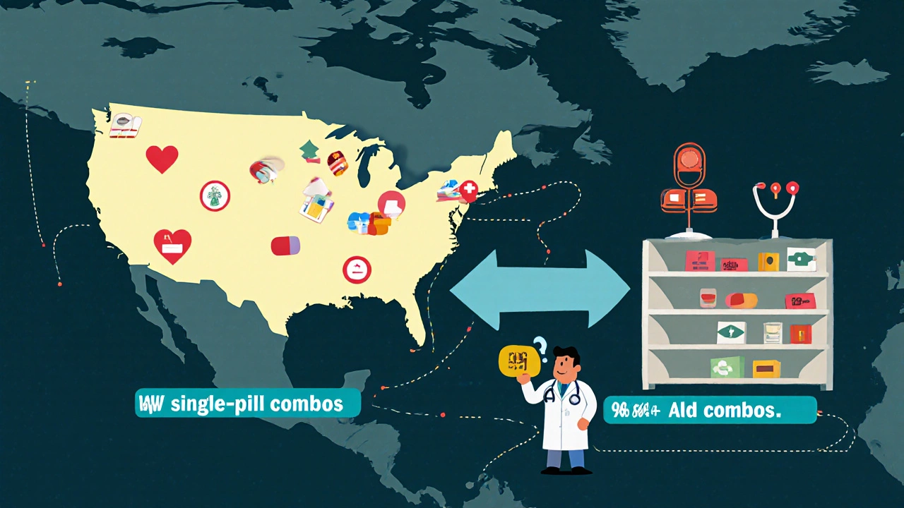 A glowing US map shows combo pills available, while other countries have empty shelves, highlighting global access gaps.