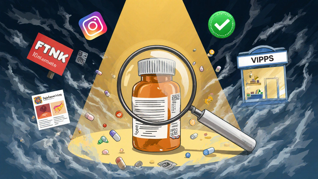 A magnifying glass reveals hidden fraud details on a pill bottle, while safe and fake pharmacies contrast in the background.