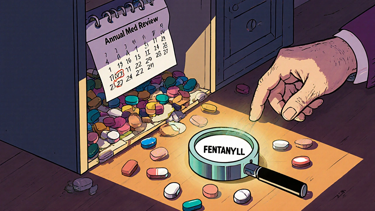 A medicine cabinet spilling pills, with a glowing counterfeit fentanyl pill and a senior reaching for it.